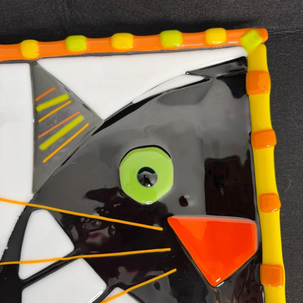 Halloween Glass Square Plate Black Cat Orange Yellow Fused Glass Party Plate